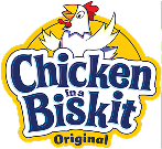 Chicken in a Biskit logo featuring a cartoon chicken with a red scarf and cowboy hat