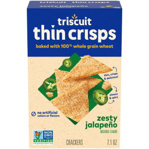 Triscuit Thin Crisps Zesty Jalapeno Whole Grain Wheat Crackers, Lunch Snacks, Snack Crackers, 7.1 oz
